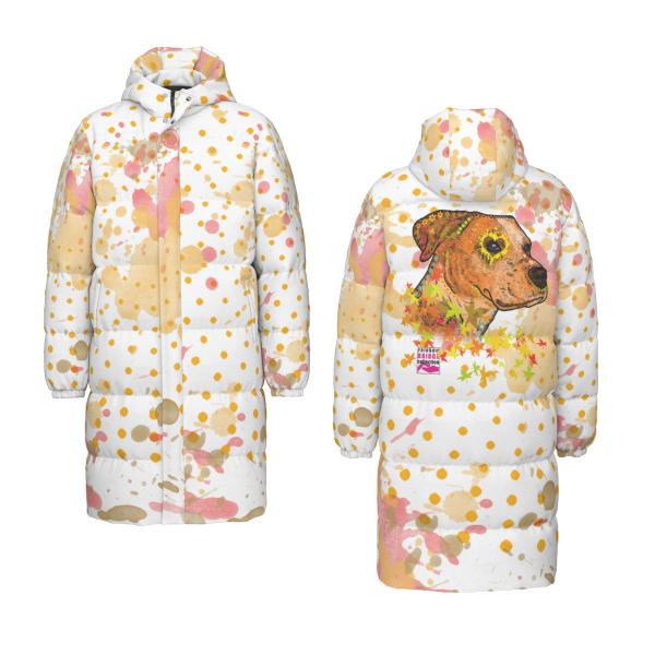 Warme Wintermantel mit Hundemotiv Bumsi– Popart Hundemotiv, 90% Daunen, 10% Federn, bunt, stylisch, AmStaff, Staff, Staffordshire, Pitbull, Pit, Soka, Größe XS- 4XL